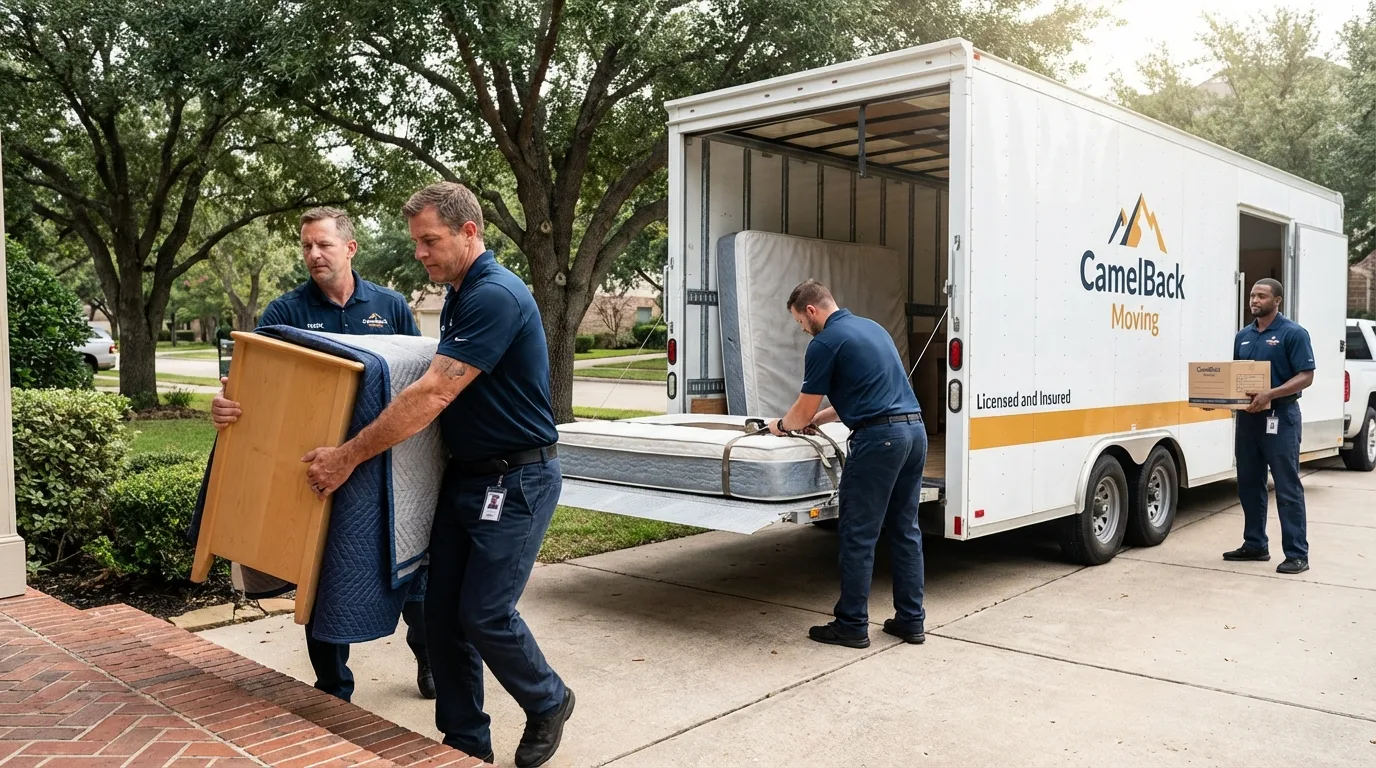 Crew loading residential truck for cross-state move from Hartford City, IN