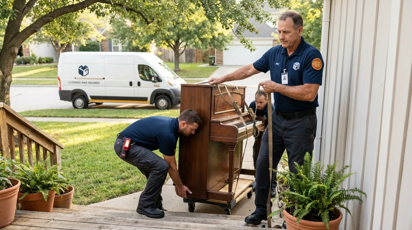 Licensed piano movers securing grand piano in Hartford City, IN