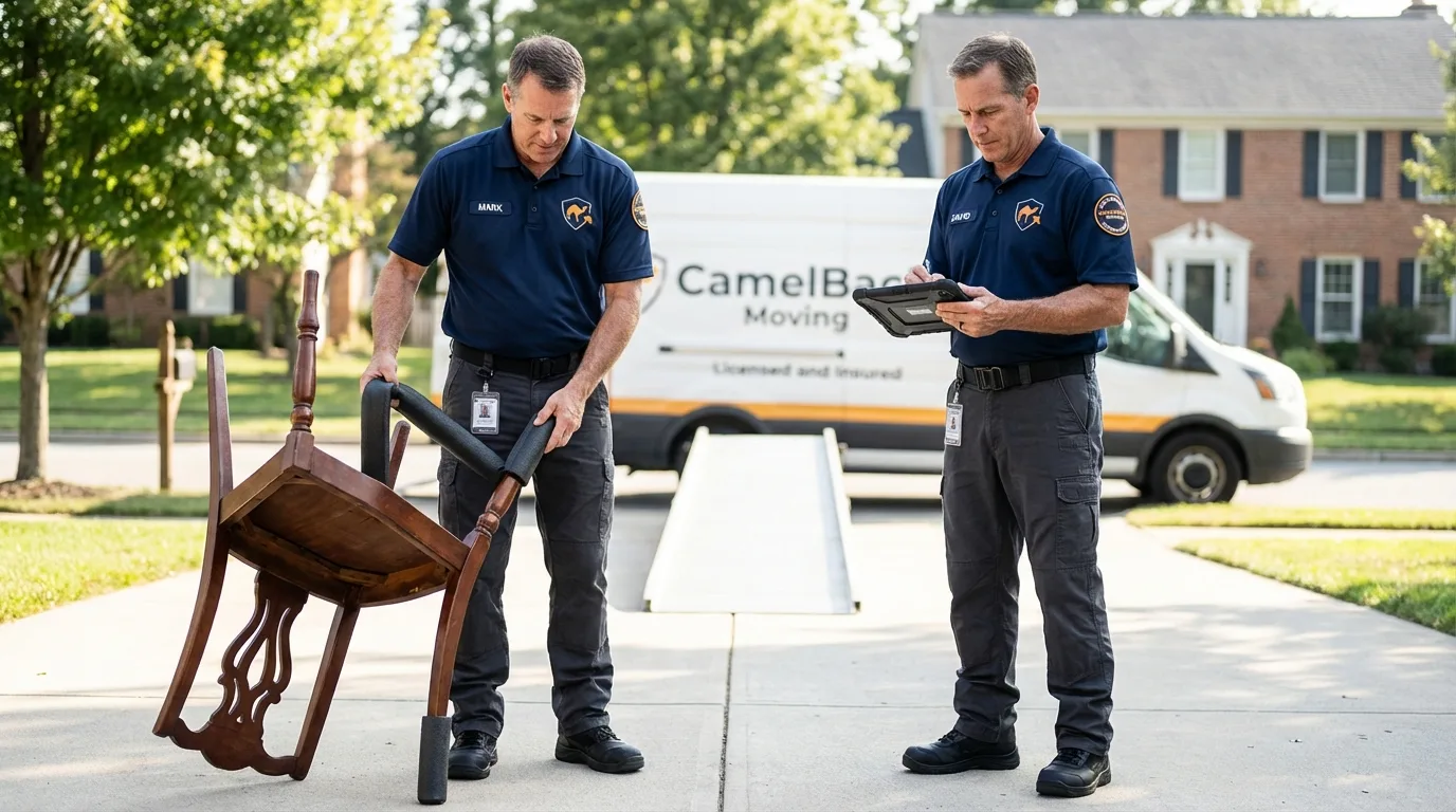 Movers inspecting furniture for damage prevention before loading in Hartford City, IN
