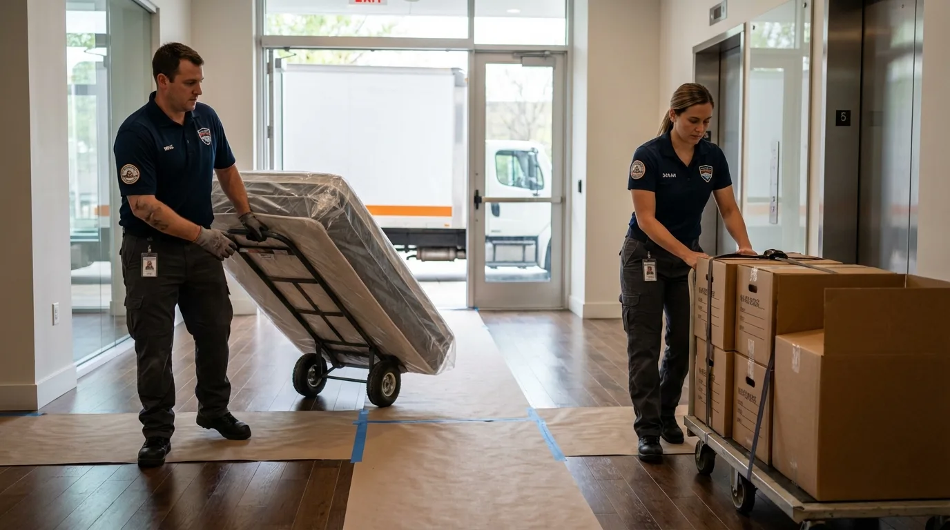 Professional apartment movers loading elevator in Hartford City, IN