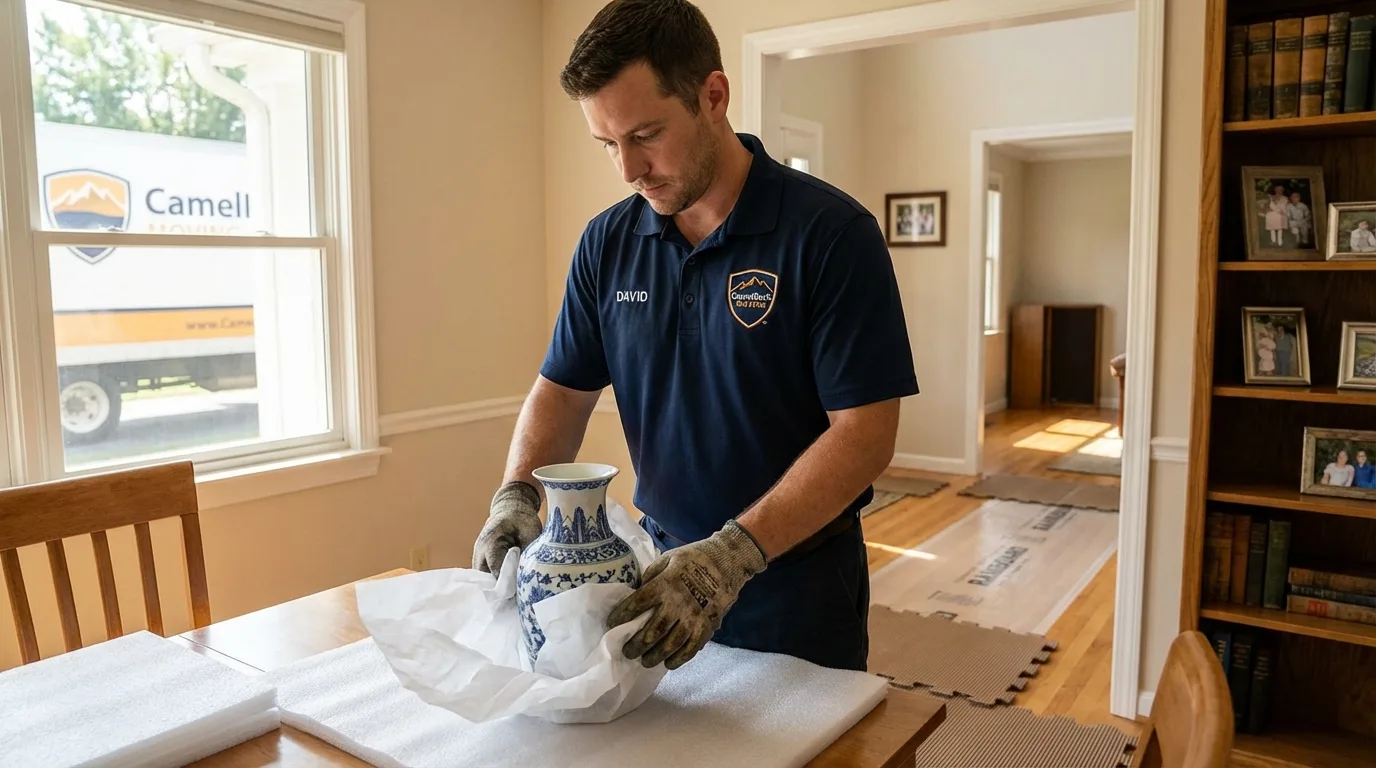 Professional crew carefully wrapping antique vase for senior downsizing move in Hartford City, IN